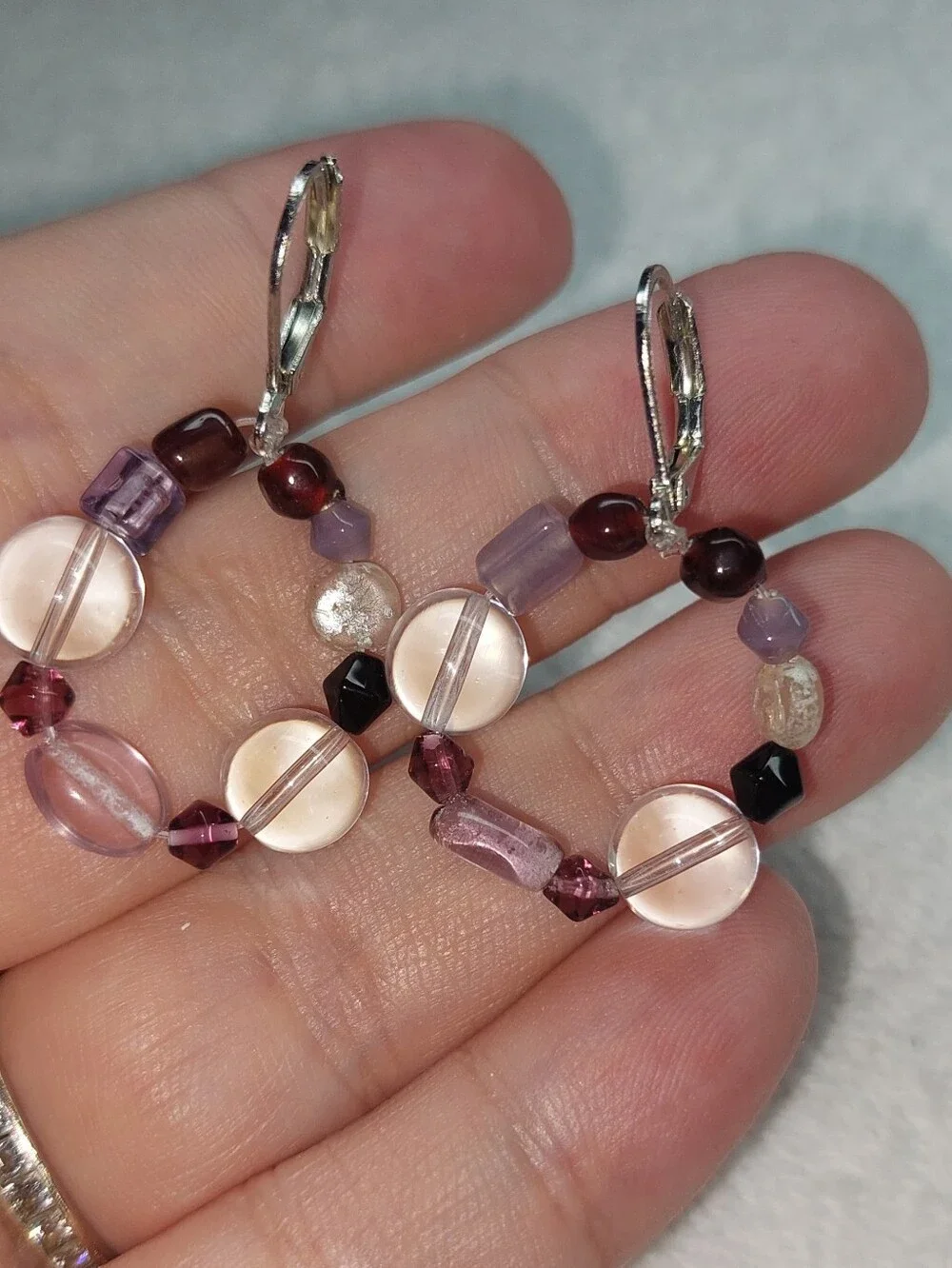 Multicolor Purple Glass Beaded Hoop Earrings Handmade Nwt